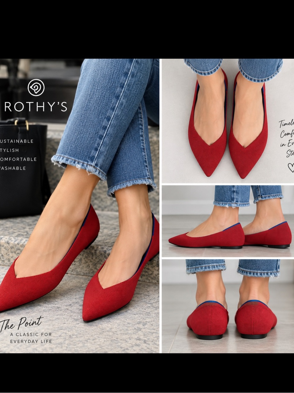 Rothy's The Point sz. 8 red Knit pointed toe flat blue trim